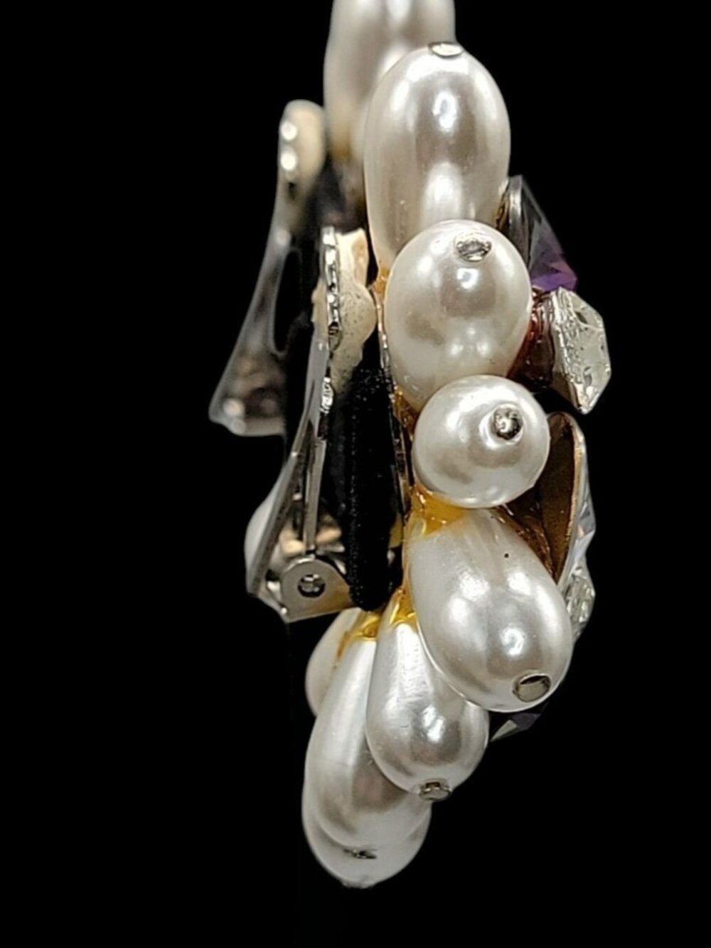 Vtg 1960s Cluster Clip On Earrings Purple Rivoli Rhinestone Faux Baroque Pearl - Picture 14 of 16